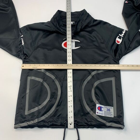 Champion Sweatshirt Mens Small Black Mesh Lining Drawstring High Neck Big C Logo - Picture 6 of 11